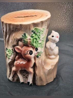 Vintage Bambi Bank MCM Deer Fawn with Bunny - Midcentury Japan RARE Collectible